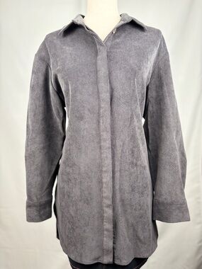 ZARA Gray Fine Corduroy Shirt Dress Tunic Minimalist Button Front Size S